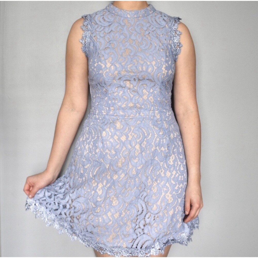 Francescas Blue/Purple Lace Open Back Mini Dress Sleeveless High Neck Size M